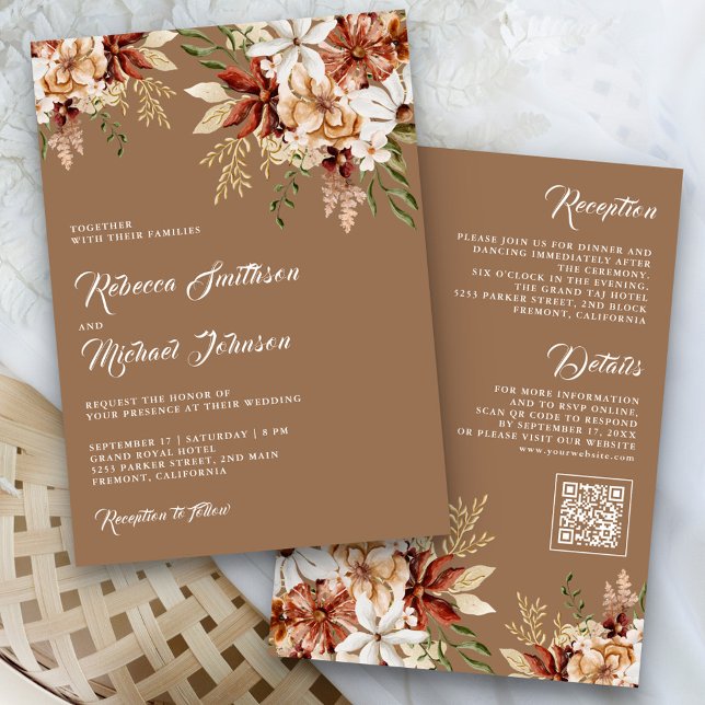 Boho Terracotta Floral Wildflower Beige Wedding Invitation (Creator Uploaded)