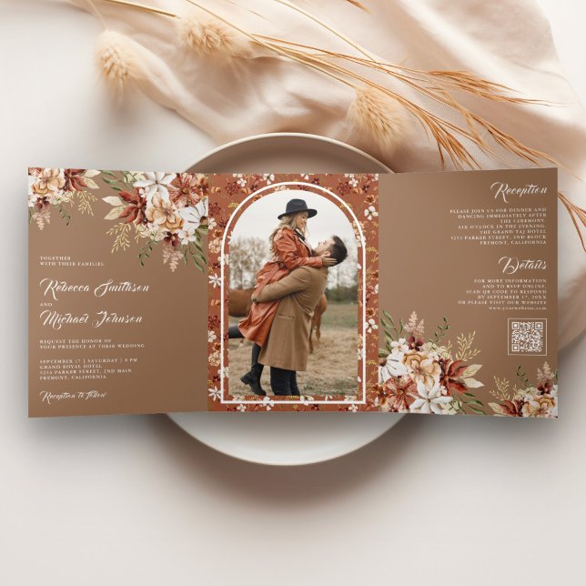 Boho Terracotta Floral Wildflower Beige Wedding Tri-Fold Invitation (Creator Uploaded)