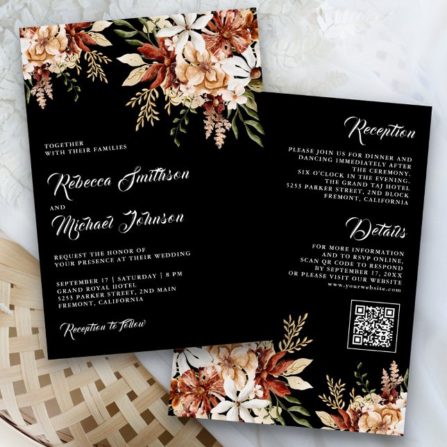 Boho Terracotta Floral Wildflower Black Wedding Invitation (Creator Uploaded)