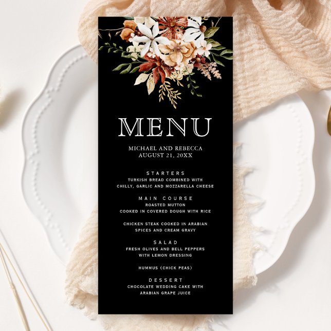 Boho Terracotta Floral Wildflower Black Wedding Menu (Creator Uploaded)