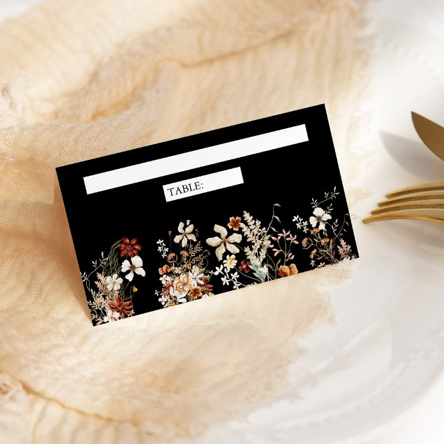 Boho Terracotta Floral Wildflower Black Wedding Place Card (Creator Uploaded)