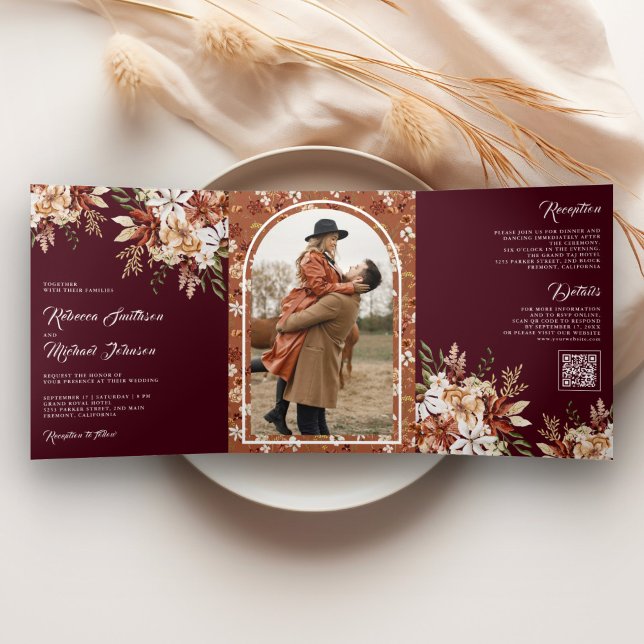 Boho Terracotta Floral Wildflower Burgundy Wedding Tri-Fold Invitation (Creator Uploaded)