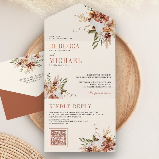 Boho Terracotta Floral Wildflower Cream Wedding All In One Invitation (Creator Uploaded)