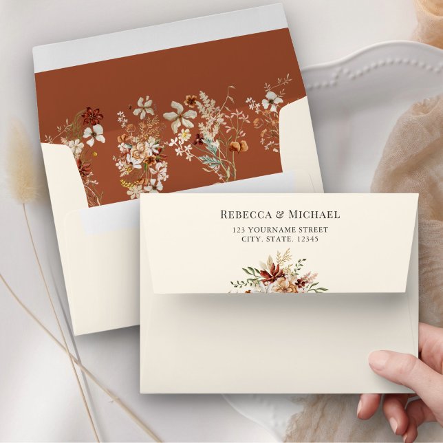 Boho Terracotta Floral Wildflower Cream Wedding Envelope (Creator Uploaded)