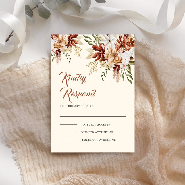 Boho Terracotta Floral Wildflower Cream Wedding RSVP Card (Creator Uploaded)
