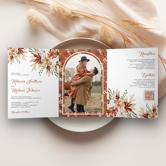 Boho Terracotta Floral Wildflower White Wedding Tri-Fold Invitation (Creator Uploaded)