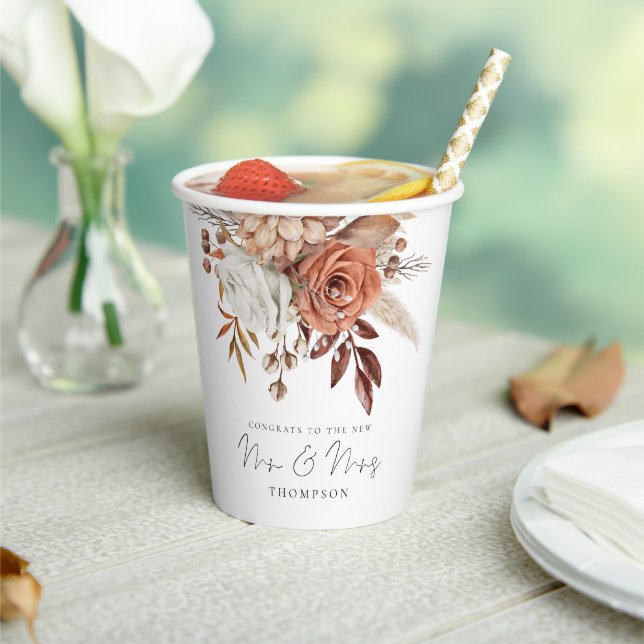 Boho Terracotta Florals Congrats Mr Mrs Wedding  Paper Cups (Insitu)