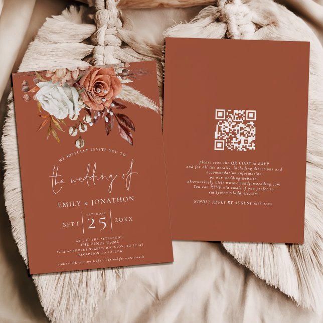 Boho Terracotta Florals QR Code Rust Wedding Invitation (Front and back view)