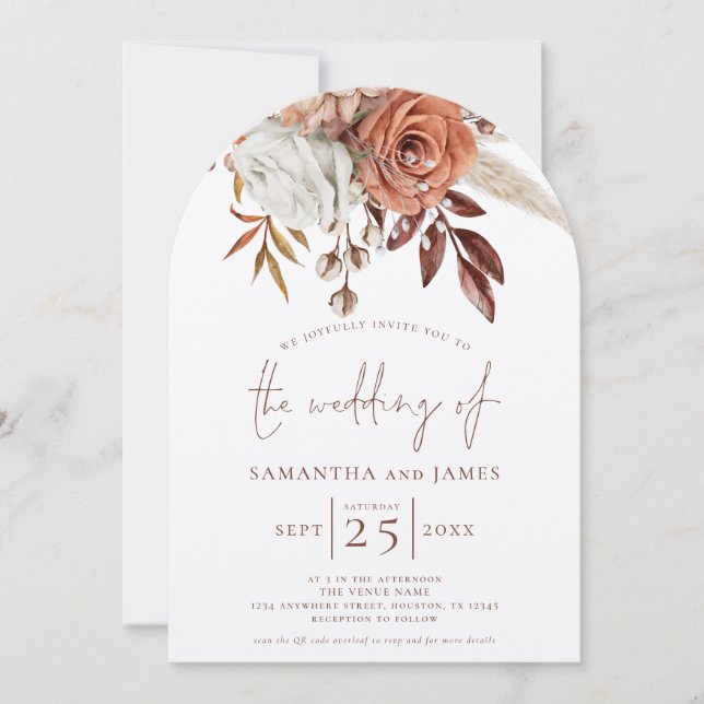 Boho Terracotta Florals QR Code Wedding Arch Invitation (Front)