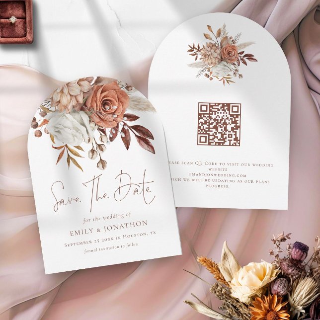 Boho Terracotta Florals QR Code Wedding Arch Save The Date (Front and back view)