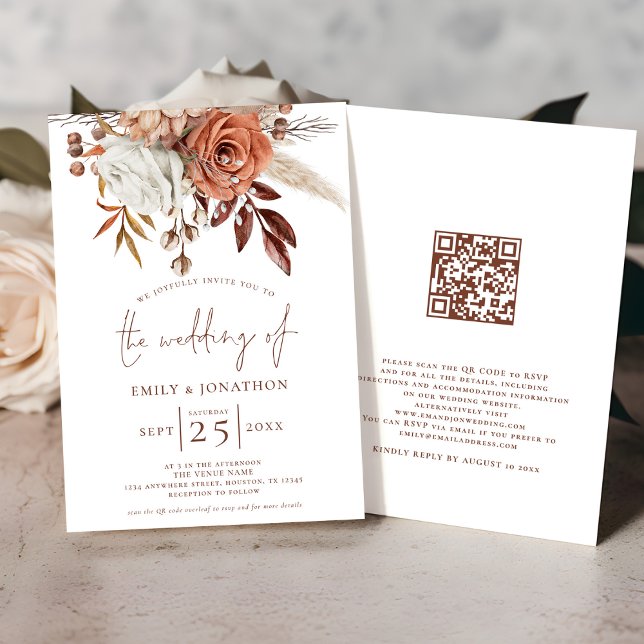 Boho Terracotta Florals QR Code Wedding Invitation (Front and back view)