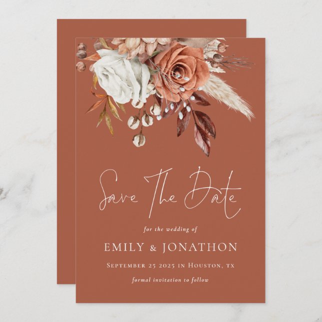 Boho Terracotta Florals QR Code Wedding Rust Save The Date (Front/Back)