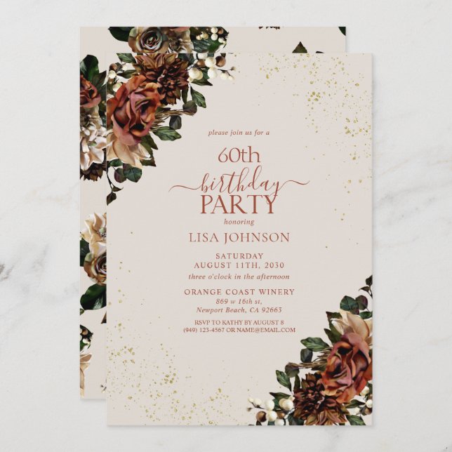 Boho Terracotta Greenery Floral 60th Birthday Invitation (Front/Back)