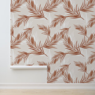 Boho Terracotta Grey Leaf Print Pattern Wallpaper