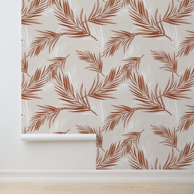 Boho Terracotta Grey Leaf Print Pattern Wallpaper (Application)