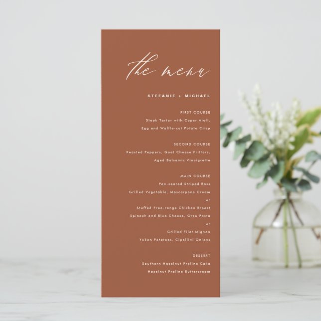 Boho Terracotta Handwritten Calligraphy Wedding Menu (Standing Front)