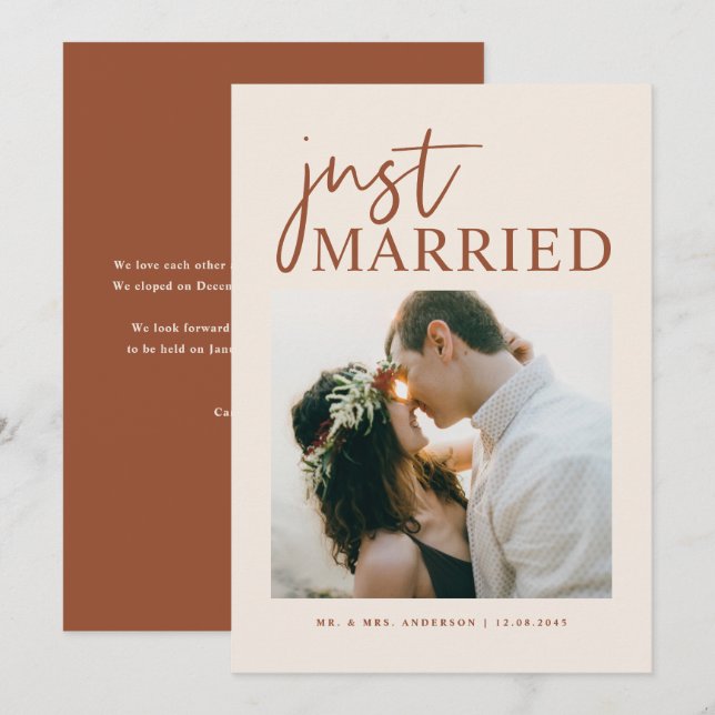 Boho Terracotta Handwritten Just Married Photo Announcement (Front/Back)