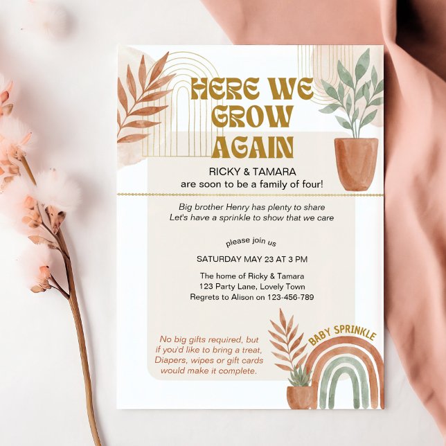Boho Terracotta Here We Grow Again Baby Sprinkle Invitation (Boho gender neutral baby sprinkle invitation by Darling & May)