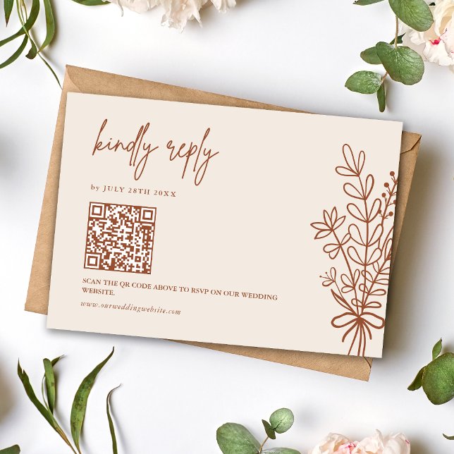 Boho Terracotta Kindly Reply Wedding QR Code RSVP Card (Boho terracotta kindly reply QR RSVP card makes responses easy with warm rustic charm.)