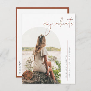 Boho Terracotta Minimalist Arch Photo Graduation Announcement Postcard