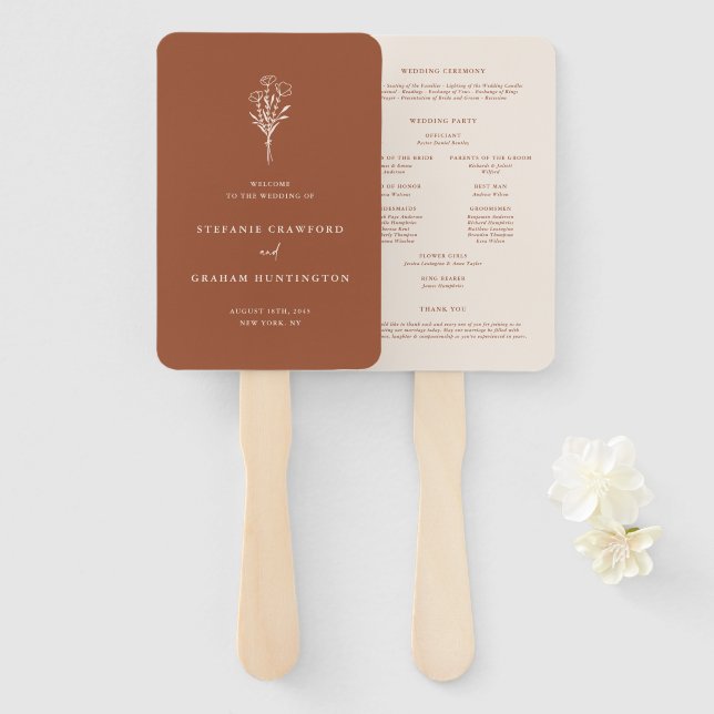 Boho Terracotta Minimalist Botanicals Program Hand Fan (Front and Back)