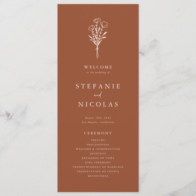 Boho Terracotta Minimalist Botanicals Wedding Program (Front)