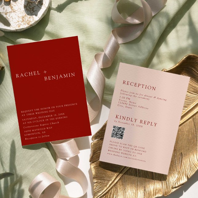 Boho Terracotta Minimalist Wedding 2 Sided QR Code Invitation (Creator Uploaded)