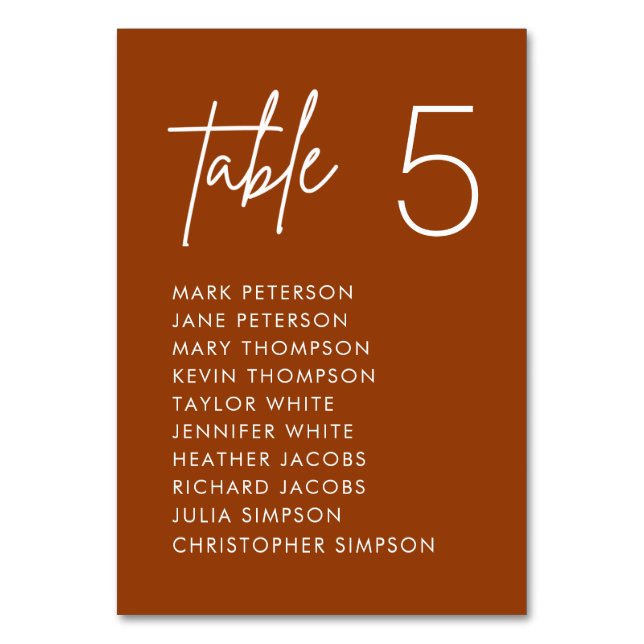 Boho Terracotta Minimalist Wedding Seating Chart Table Number (Front)