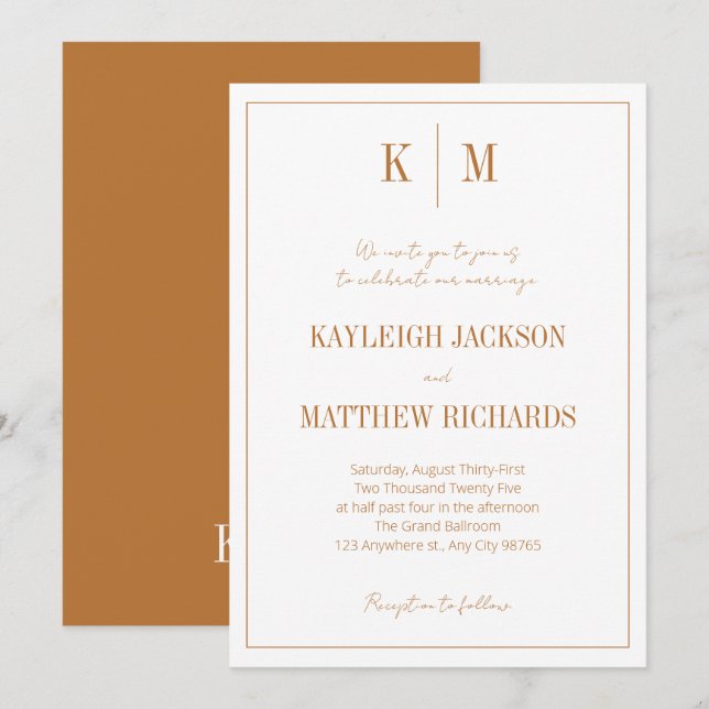 Boho Terracotta Monogram Elegant Wedding  Invitation (Front/Back)
