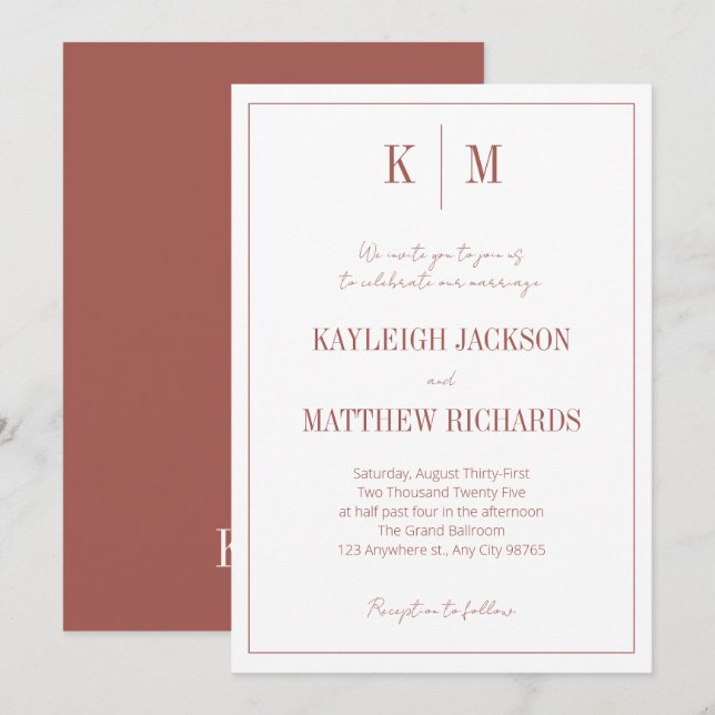 Boho Terracotta Monogram Elegant Wedding  Invitation (Front/Back)