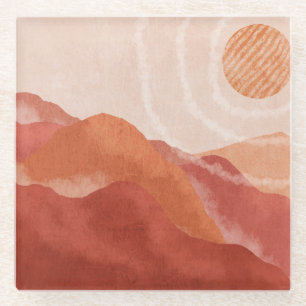 Boho terracotta mountains, abstract poster. glass coaster