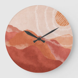 Boho terracotta mountains, abstract poster. large clock