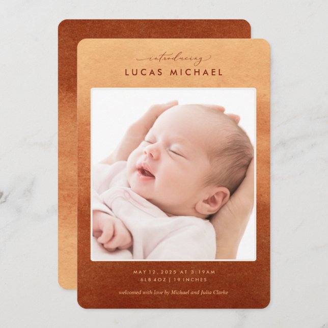 Boho Terracotta Ombre Photo Birth Announcement (Front/Back)