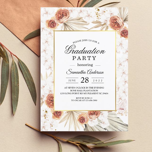 Boho Terracotta Palm Leaf & Floral Graduation Invitation (Creator Uploaded)