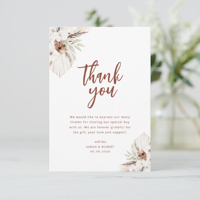 boho terracotta pampas fall floral thank you card (Standing Front)