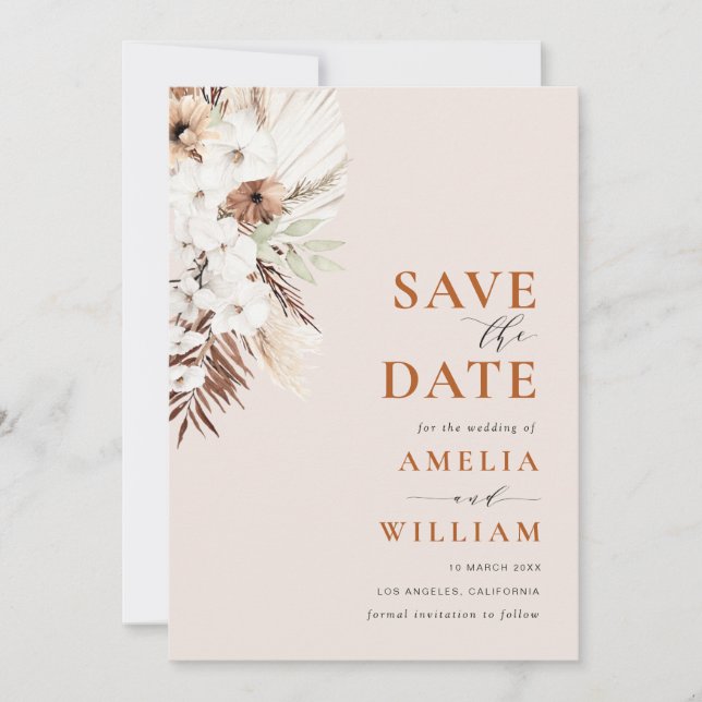 boho terracotta pampas floral Save the Date (Front)