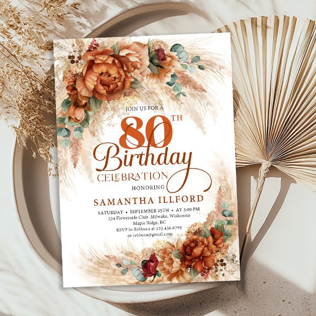 Boho terracotta pampas grass 80th Birthday invite (Celebrate eighty beautiful years with this Boho Terracotta Pampas Grass 80th Birthday Invite, design)