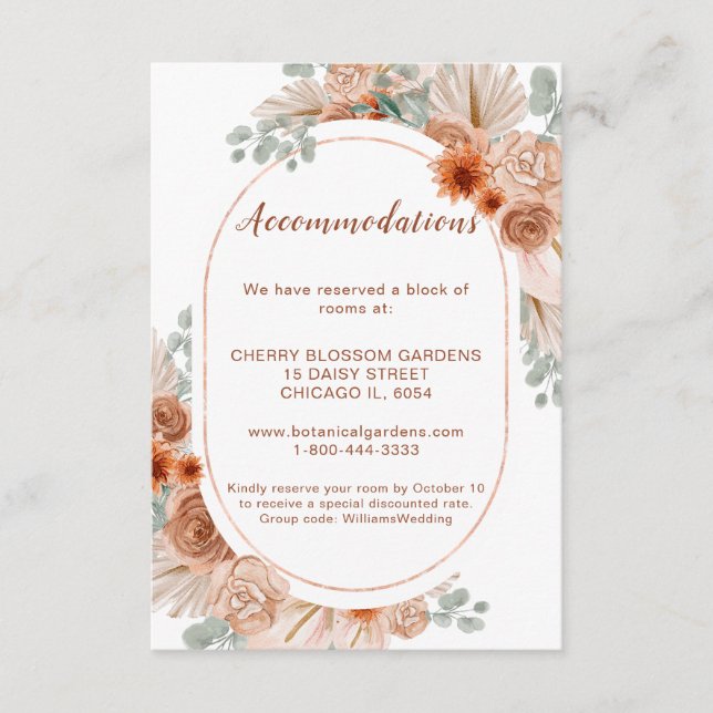 Boho Terracotta Pampas Grass Accommodations card (Front)