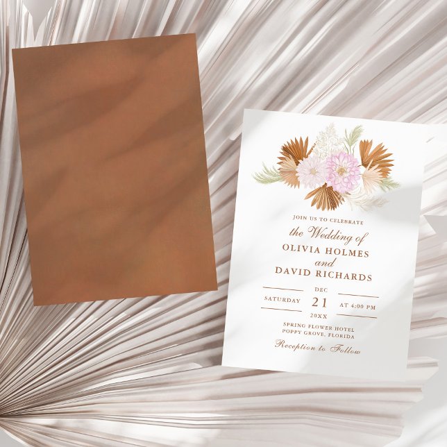 Boho Terracotta Pampas Grass and Flowers Wedding Invitation (Boho Terracotta Pampas Grass and Flowers Wedding Invitation on a sunny neutral dry palm leaf.)