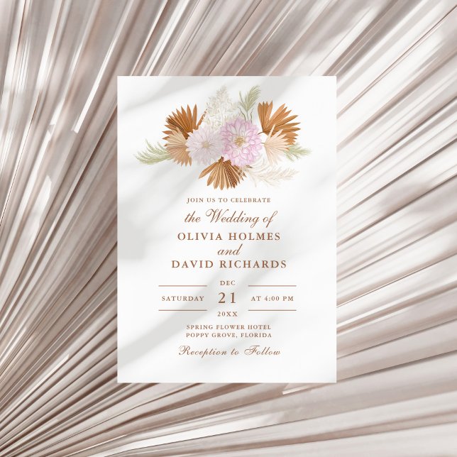 Boho Terracotta Pampas Grass and Flowers Wedding Invitation (Boho Terracotta Pampas Grass and Flowers Wedding Invitation on a sunny neutral dry palm leaf.)