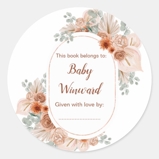 Boho Terracotta Pampas Grass Baby Shower Classic Round Sticker (Front)