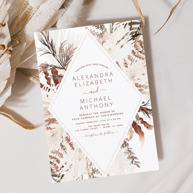 Boho Terracotta Pampas Grass Beige Wedding Invitation (Creator Uploaded)