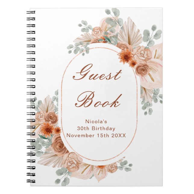 Boho Terracotta Pampas Grass Birthday Guest Book (Front)