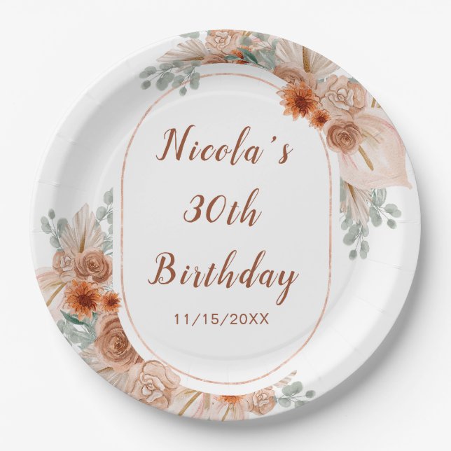 Boho Terracotta Pampas Grass Birthday Paper Plate (Front)
