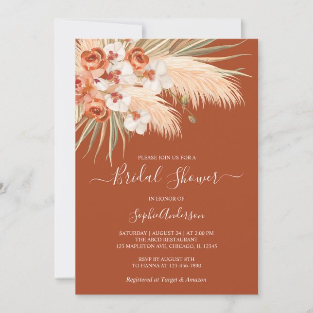 Boho Terracotta Pampas Grass Bridal Shower Invitation (Front)