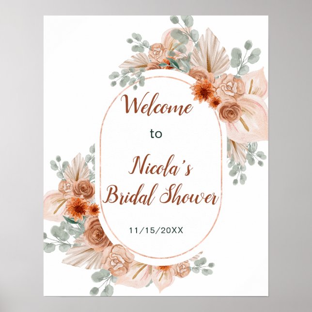 Boho Terracotta Pampas Grass Bridal Shower Poster (Front)