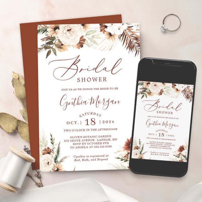 Boho Terracotta Pampas Grass Floral Bridal Shower Invitation (Perfect choice for a chic and trendy bridal shower celebration.)