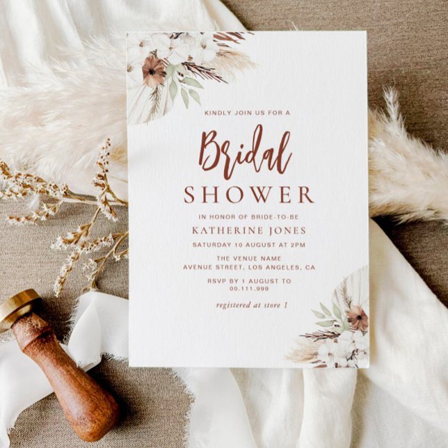  boho terracotta pampas grass floral bridal shower invitation (Creator Uploaded)