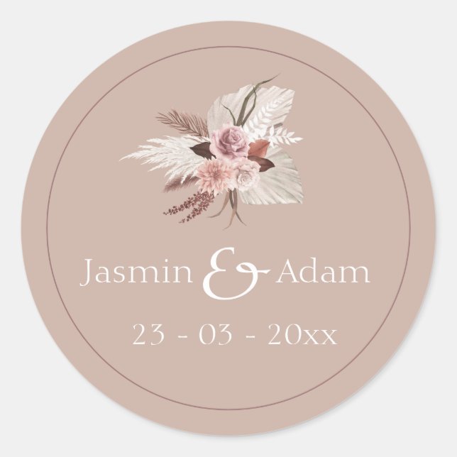 Boho Terracotta Pampas Grass Floral Wedding Classic Round Sticker (Front)