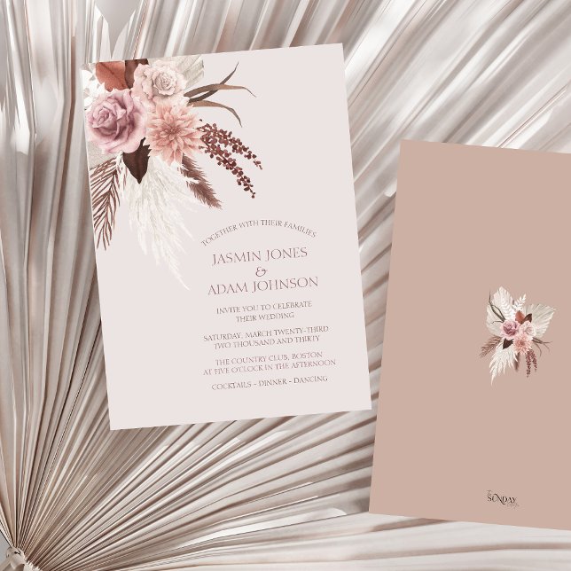Boho Terracotta Pampas Grass Floral Wedding Invitation (Boho Dusty Pink Dried Flowers Pampas Grass Wedding Invitation)